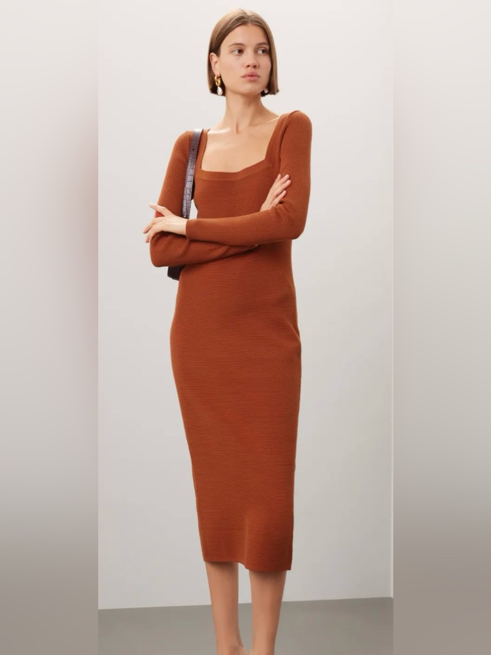 Toccin x RTR Square Neck Long Sleeve Knit Midi Bodycon Dress Rust Small $325 - Picture 2 of 5